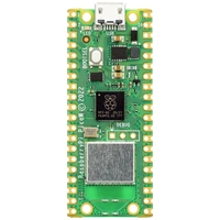 Ein grünes Raspberry Pi Pico W Mikrocontroller-Board mit mehreren sichtbaren Komponenten und Anschlüssen, einschließlich USB-Anschluss.